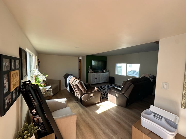 Modern living room with wood flooring, two armchairs, gray accent wall, decorative shelving, and bright natural light from windows